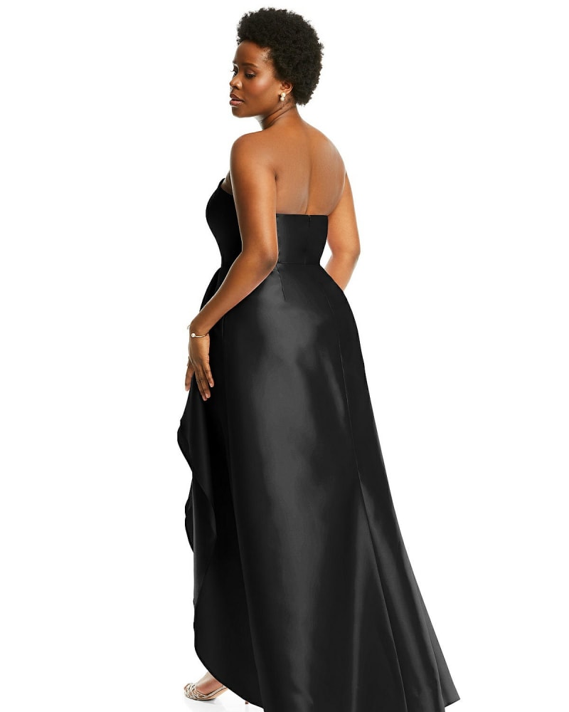 Strapless Satin Gown with Draped Front Slit and Pockets Black